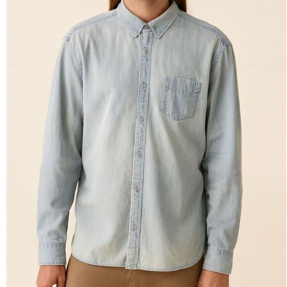 All Saints Mens spitalfields Distressed wash Long Sleeve Denim button down LG - Picture 1 of 8